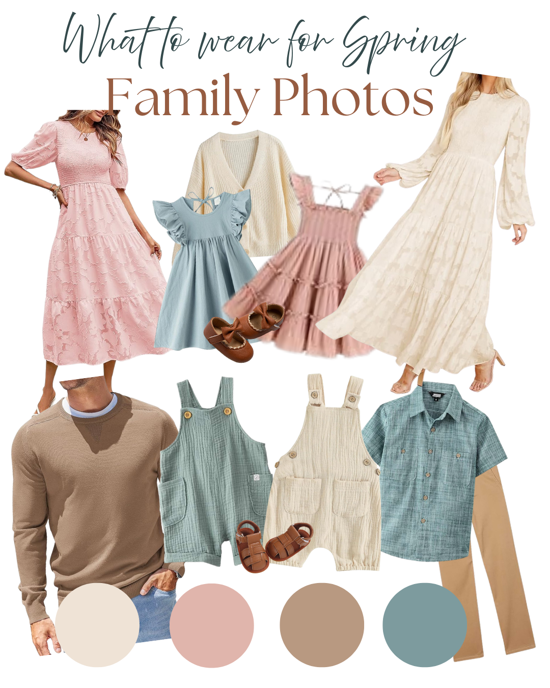 Spring family photo outfit inspiration with coordinating dresses and casual wear in soft pink, blue, and neutral tones.