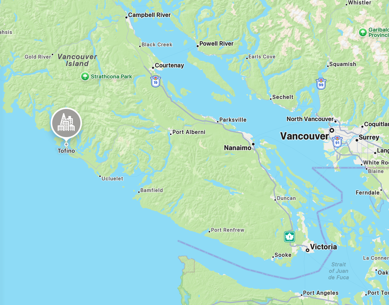 map of Vancouver Island, British Columbia, showing the distance between Tofino and Victoria.