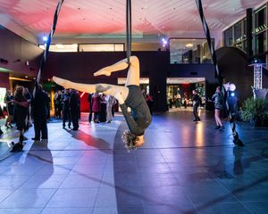 Aerial performer demonstrates inverted poses on suspended silks during indoor event.