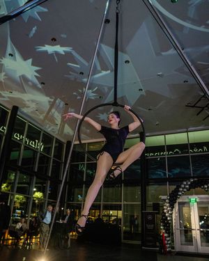 An aerial performer in black attire executes a graceful split pose while suspended from aerial equipment in a modern venue.