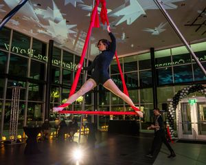 Aerial performer in black leotard gracefully poses on red silks against a backdrop of illuminated star decorations.