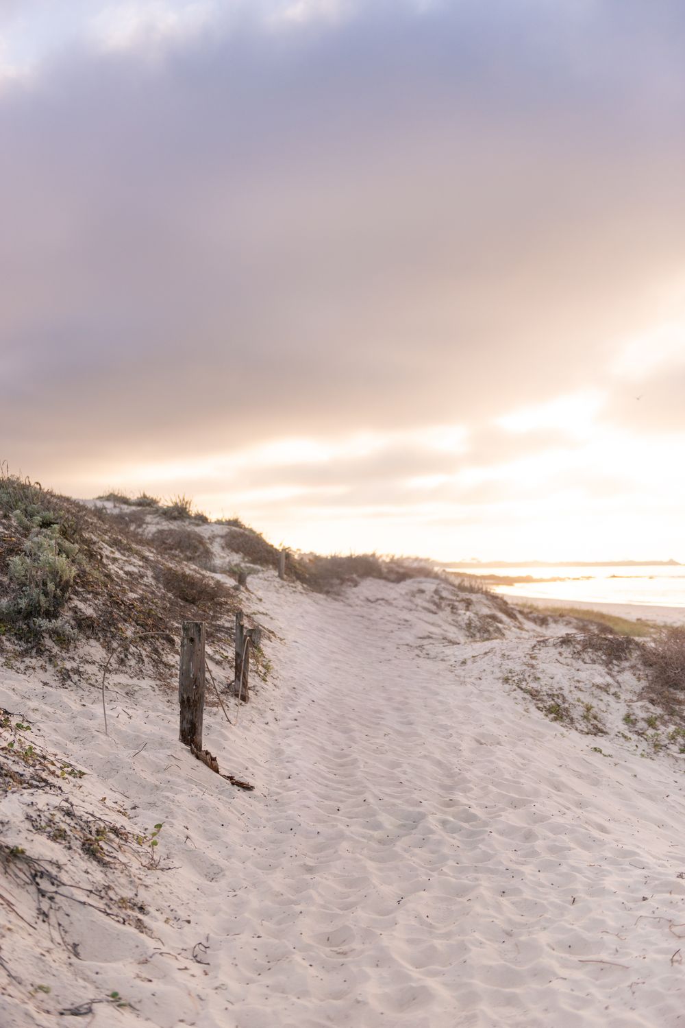 A sandy path leads through snow-dusted sand dunes at sunset with warm golden light illuminating the coastal landscape.