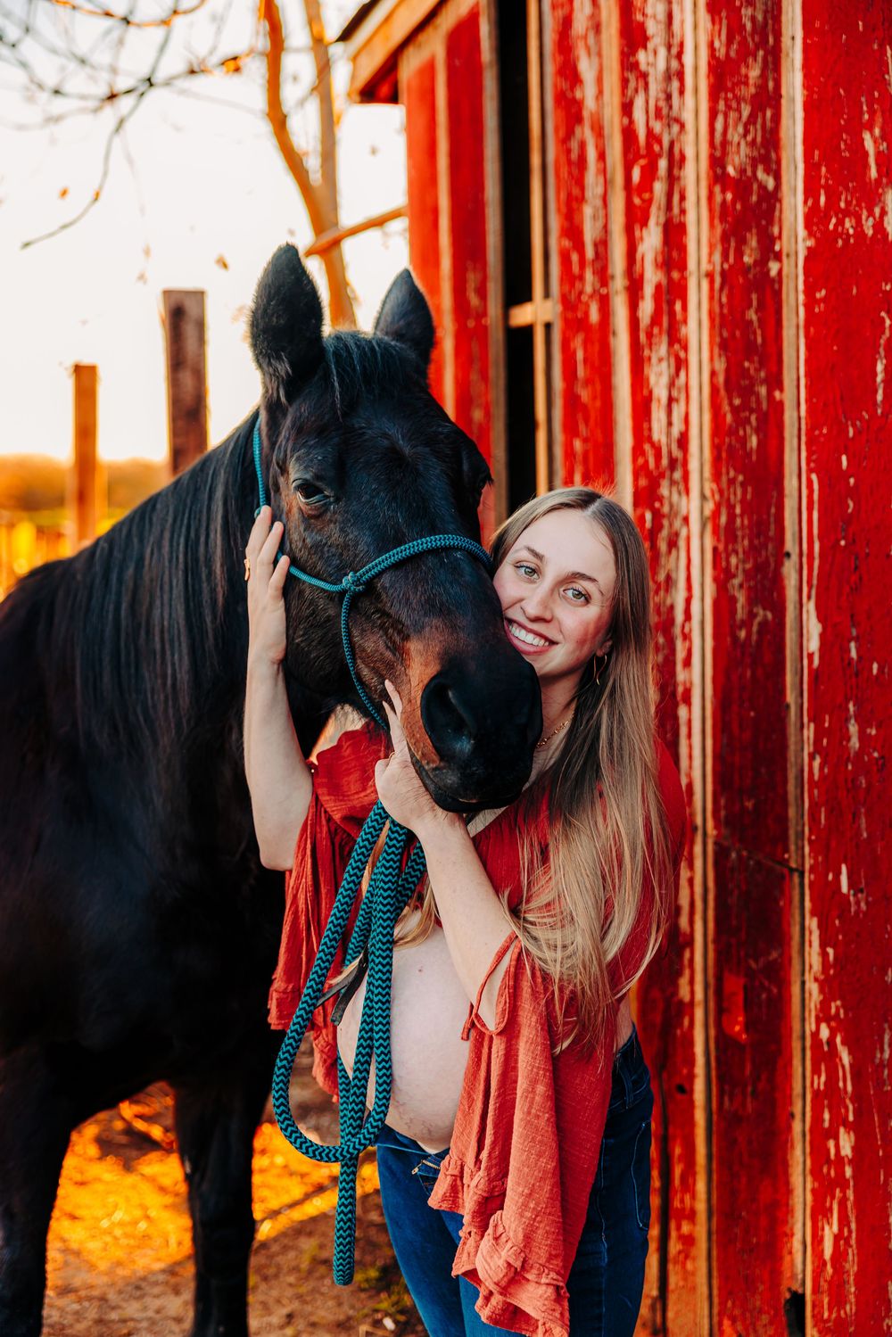 A series of intimate photos showing a black horse and a woman in front of a red barn wall at sunset.