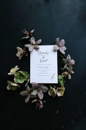 Wedding invitation surrounded by delicate hellebore flowers on dark background.