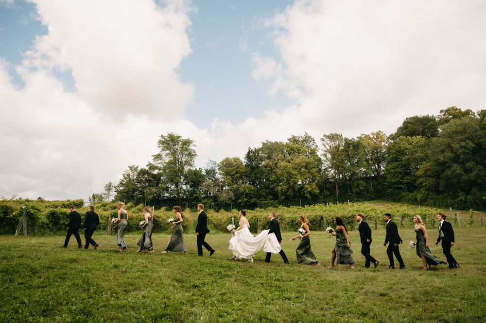 Wedding party walks in a line across a grassy field with trees in the background on a sunny day.