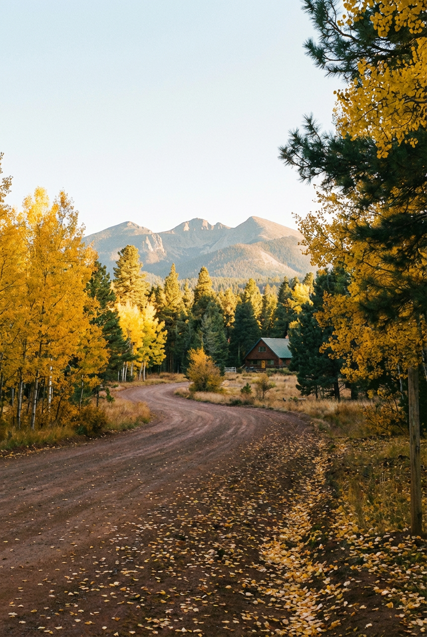 Rural mountain road curves through golden aspen grove with peaks in distance.