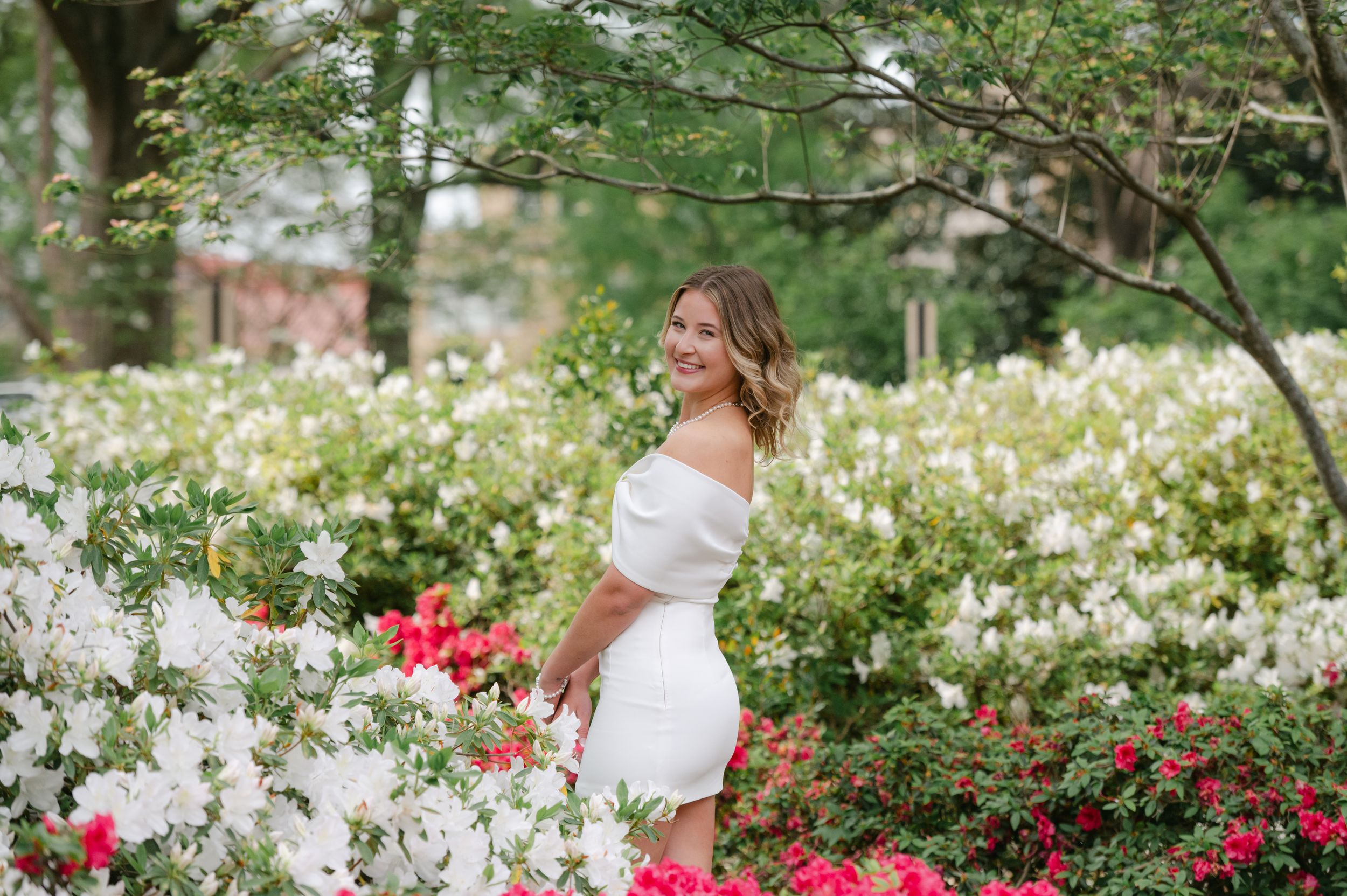 Young woman in white off-shoulder dress posing among blooming red and white azalea bushes.