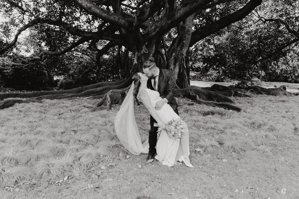 A couple in wedding attire embraces under a large sprawling tree, captured by Apertured Media Auckland Wedding Photographer.