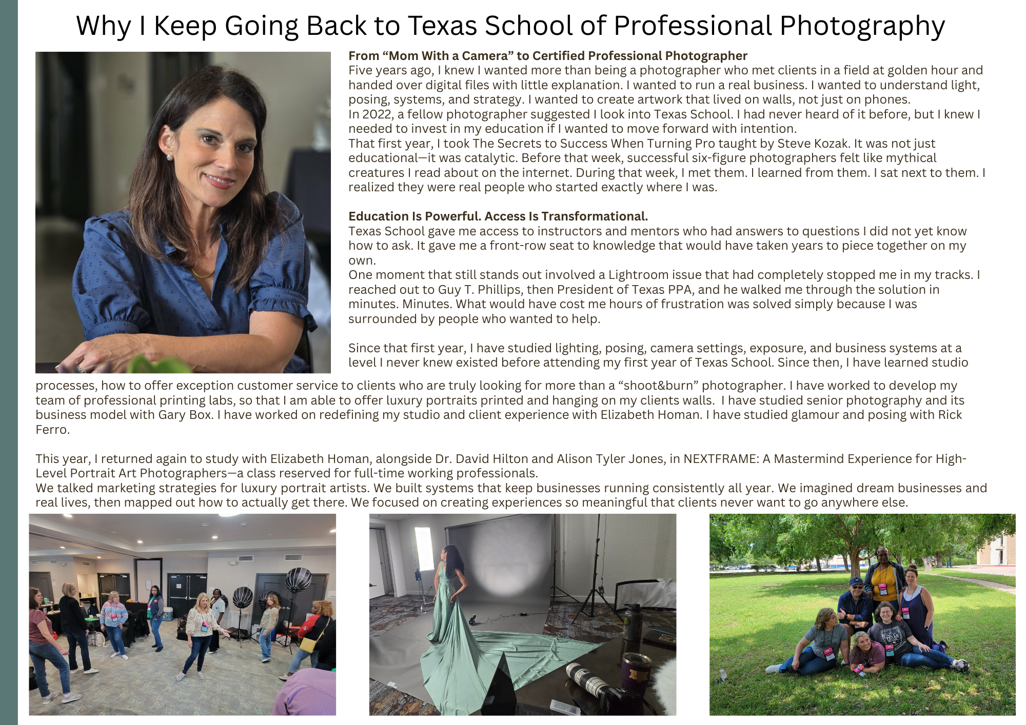 A collage of photography school scenes showing students learning and practicing with cameras outdoors and in classrooms.