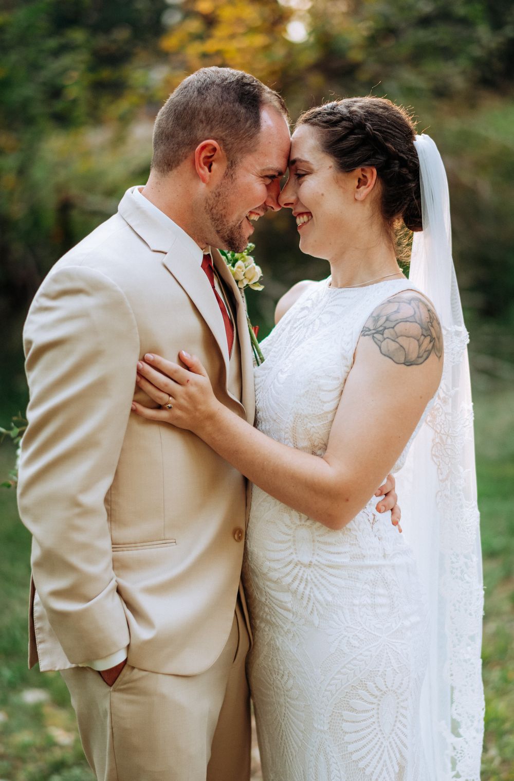 A romantic series of wedding photos showing a couple in beige and white attire sharing intimate moments outdoors.