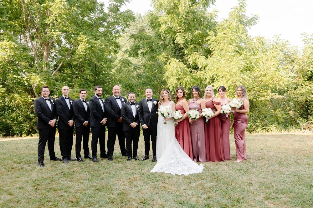 Wedding party in formal attire poses outdoors on grassy field with green trees in background.