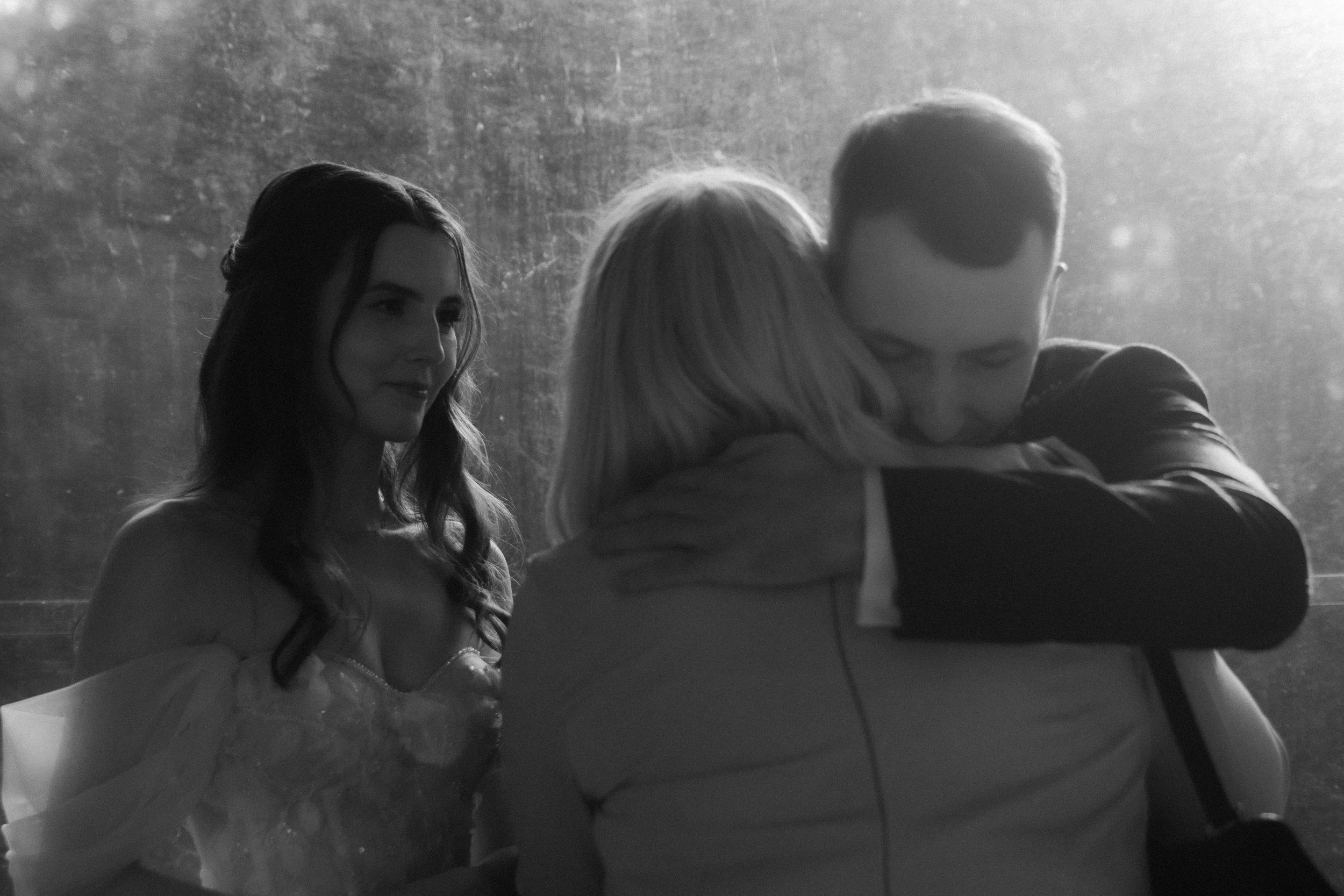 A series of black and white candid moments captured at an elegant formal event.
