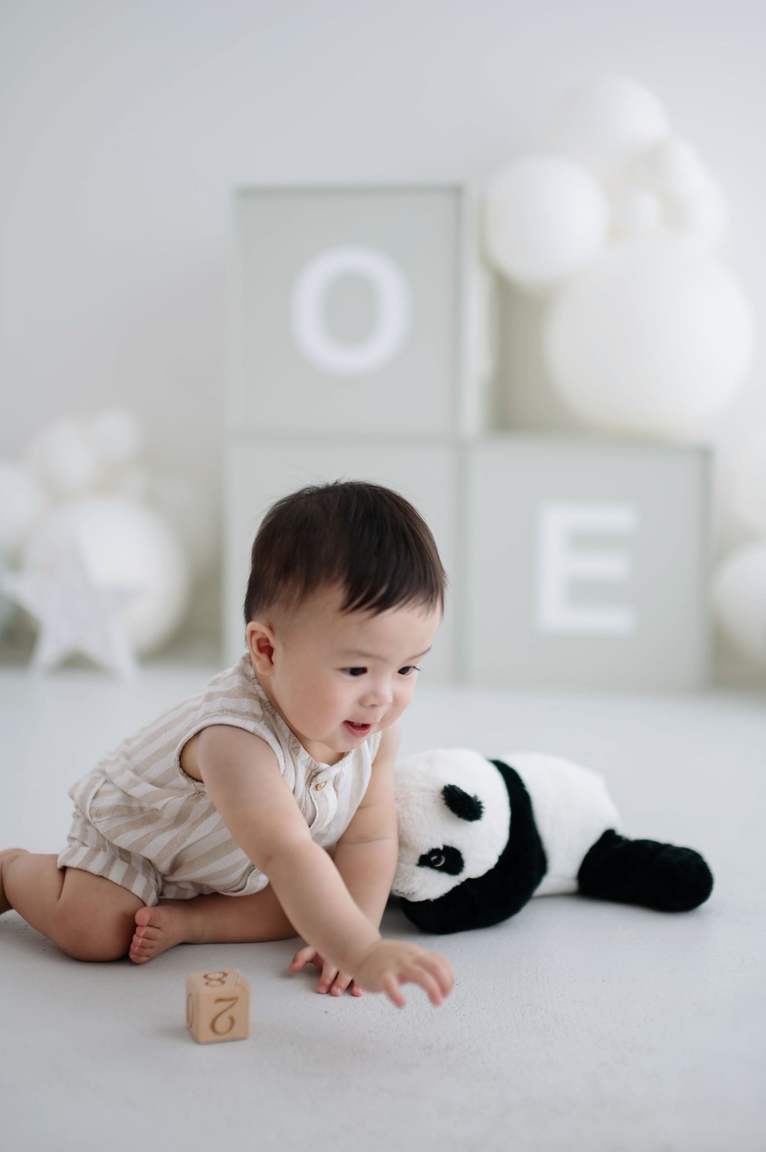 Baby crawls on white floor with panda plush toy during first birthday photo session.