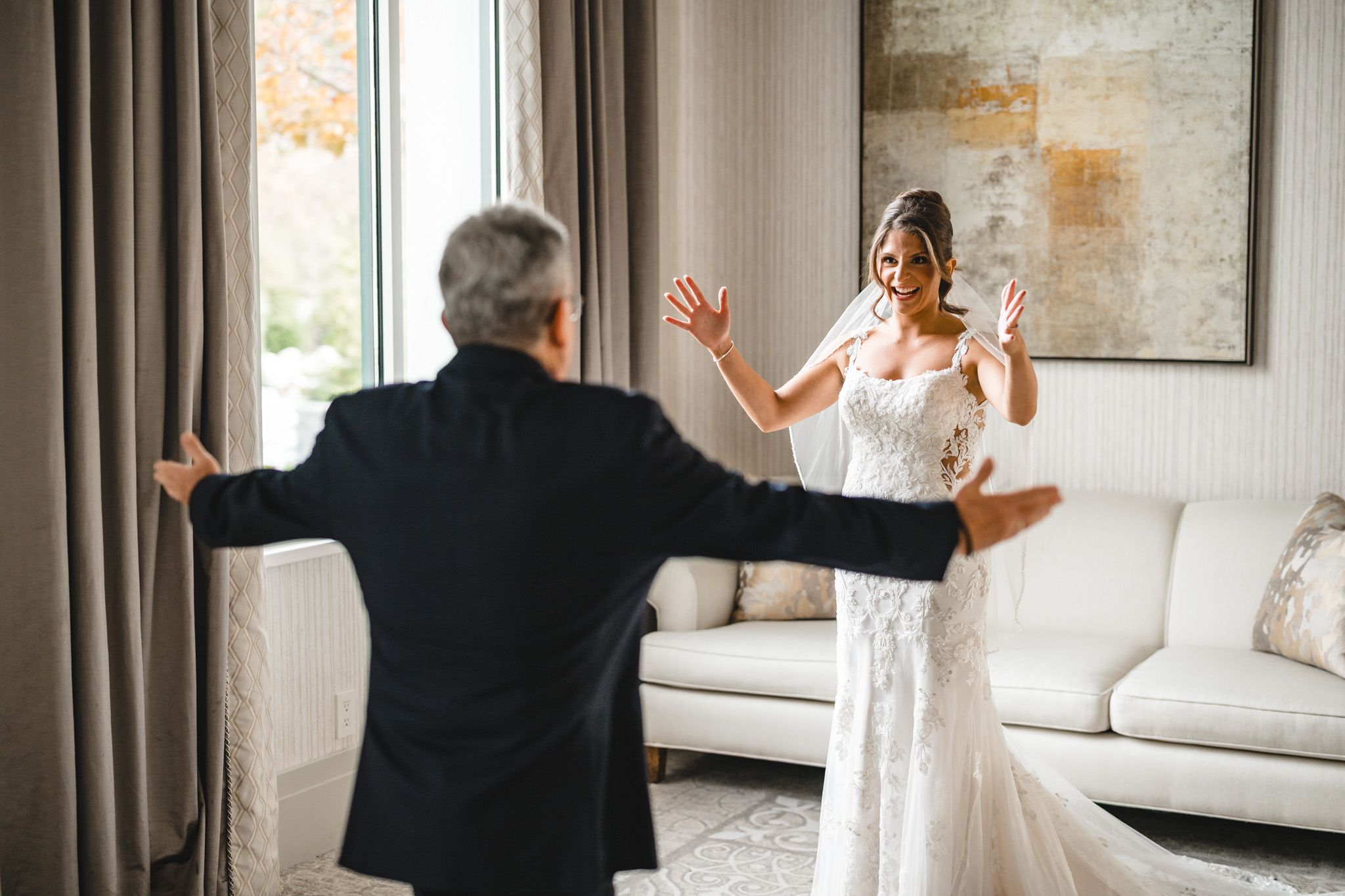 Multiple candid reactions showing joyful wedding day emotions in a modern interior space.