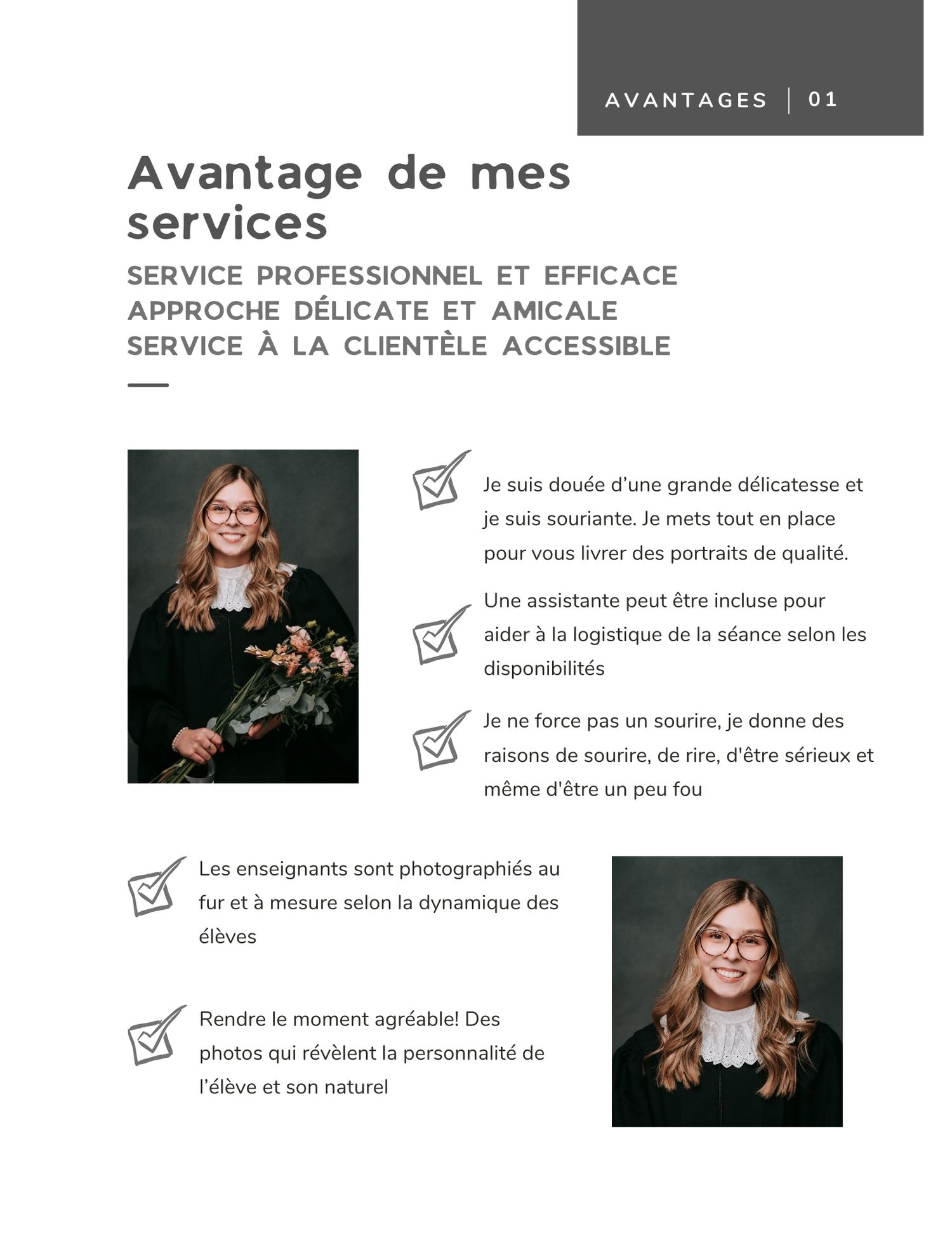 Professional business page layout featuring two portrait photos and bullet points highlighting service advantages.
