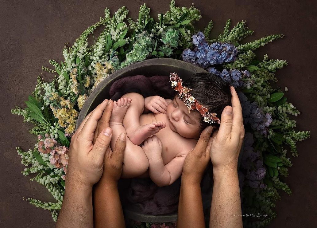 A creative collage sequence showing a baby in a wooden bowl surrounded by green foliage against a dark background.
