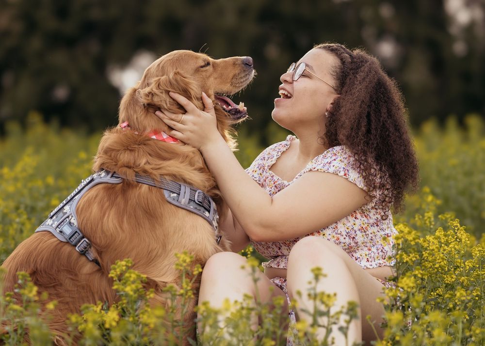 Golden retriever and owner sharing joyful moments in a field of yellow flowers.