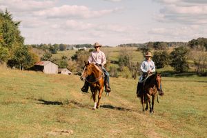 Two riders in cowboy hats ride horses side by side across a green pasture with a barn and trees in the distance.