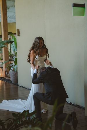 first look with bride and groom at kauai wedding by Kauai Wedding Photographer