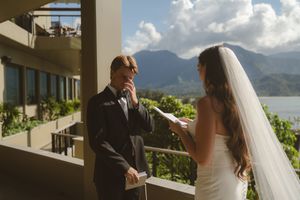 first look with bride and groom at kauai wedding by Kauai Wedding Photographer