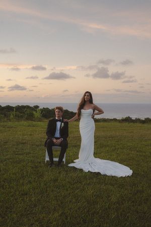 bride and groom posing at sunset at Kauai wedding by Kauai Wedding Photographer