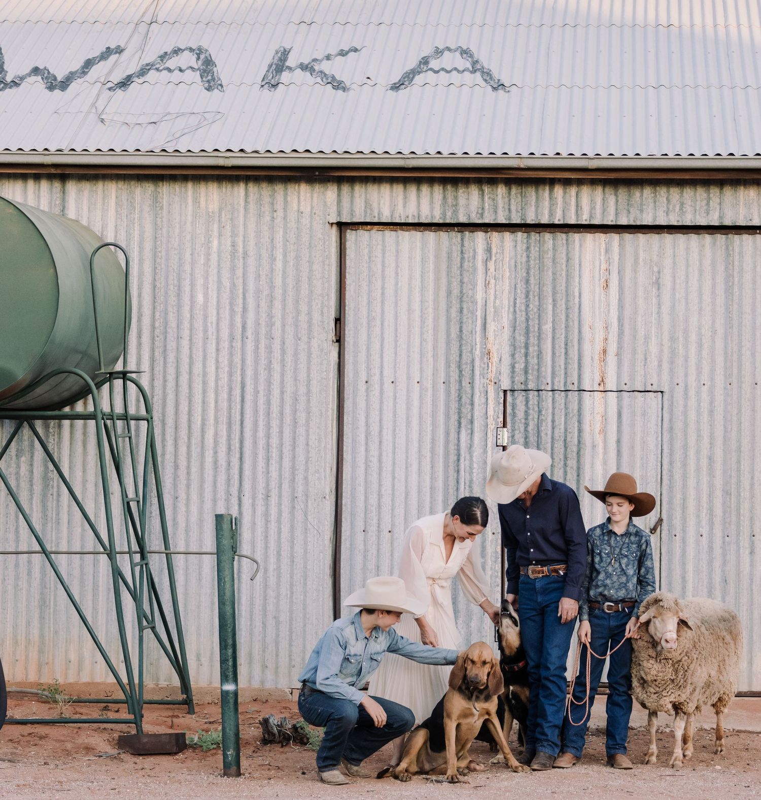 A group tends to animals outside a rustic metal barn with 'WAKA' text on the roof.