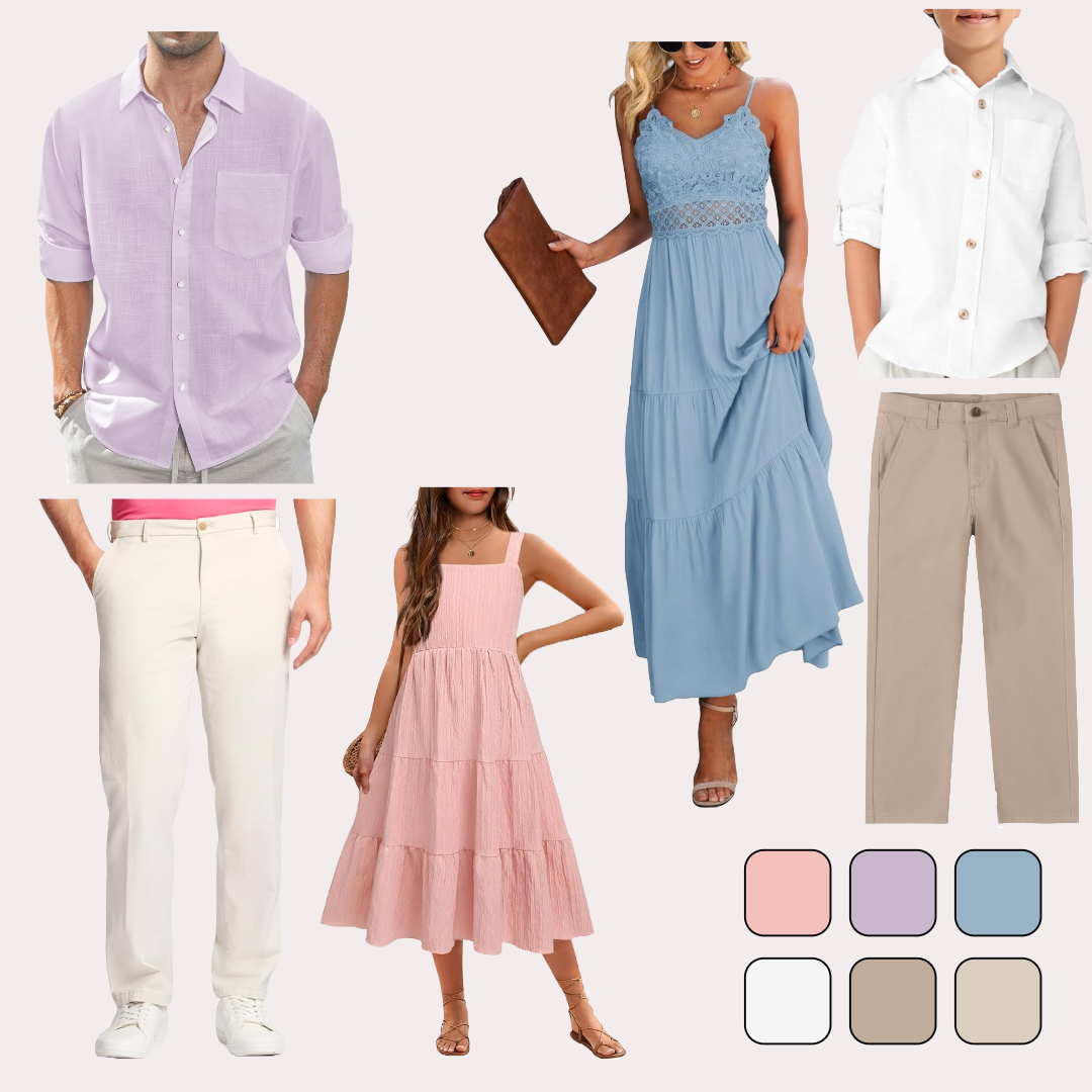 Summer fashion mood board featuring pastel colored clothing items including linen shirts, flowy dresses, and casual pants.