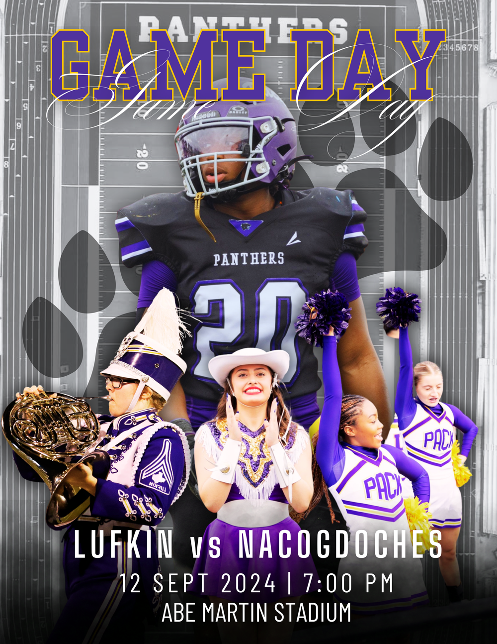 Football game day promotional banner for Panthers vs Nacogdoches with player action shots.
