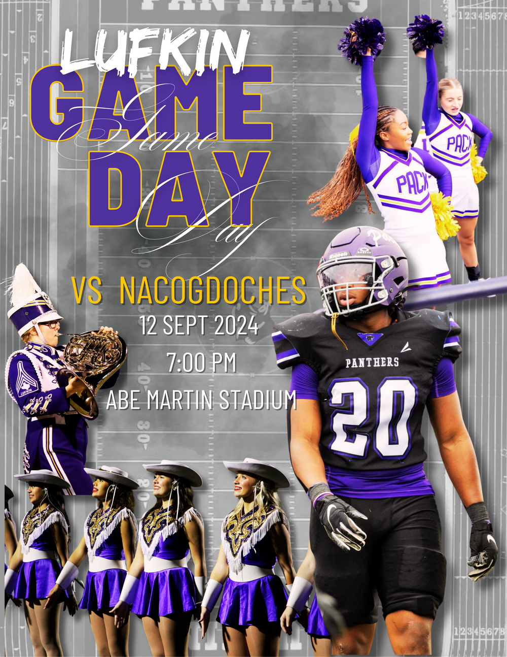 Purple and white football game day promotional banner featuring player jerseys and stadium graphics.