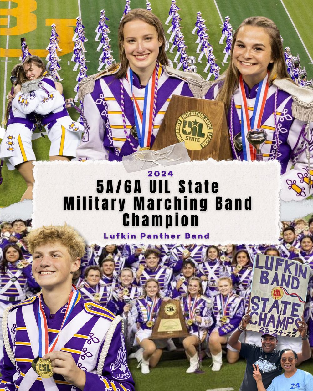 Marching band members celebrating with trophies and medals at a state championship competition.