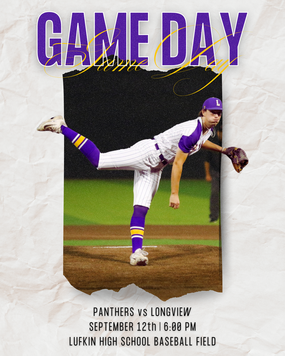 Baseball game promotional banner for Panthers vs Longview with purple and black design elements.