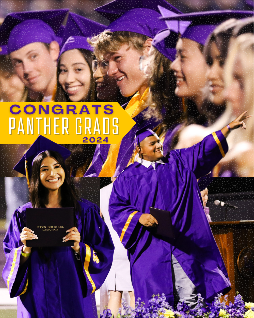 Graduation ceremony showing students in purple caps and gowns celebrating their achievement.