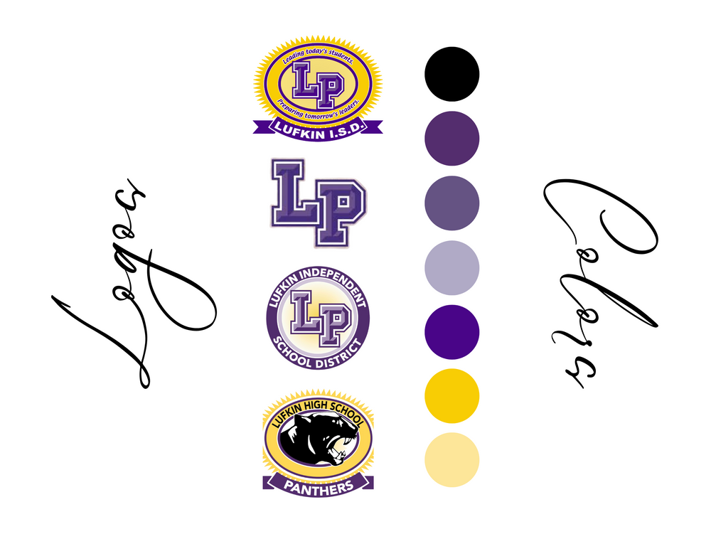 Purple and gold school logo design elements and branding patterns.