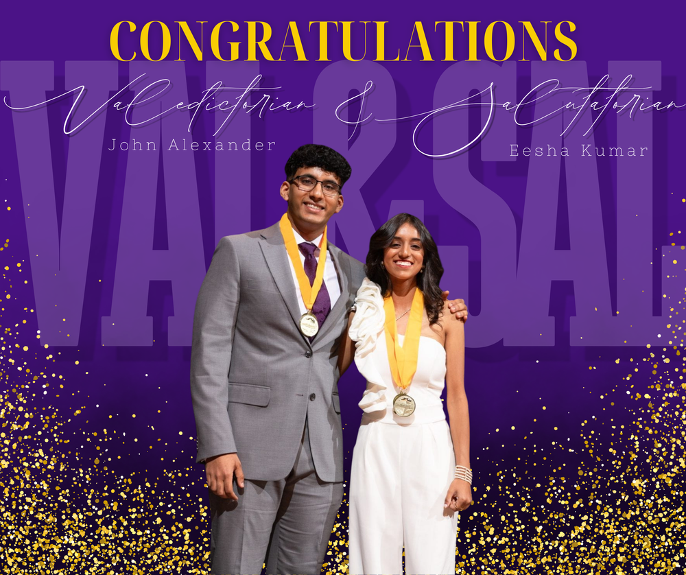 Formal graduation celebration banner with purple background and gold confetti design.