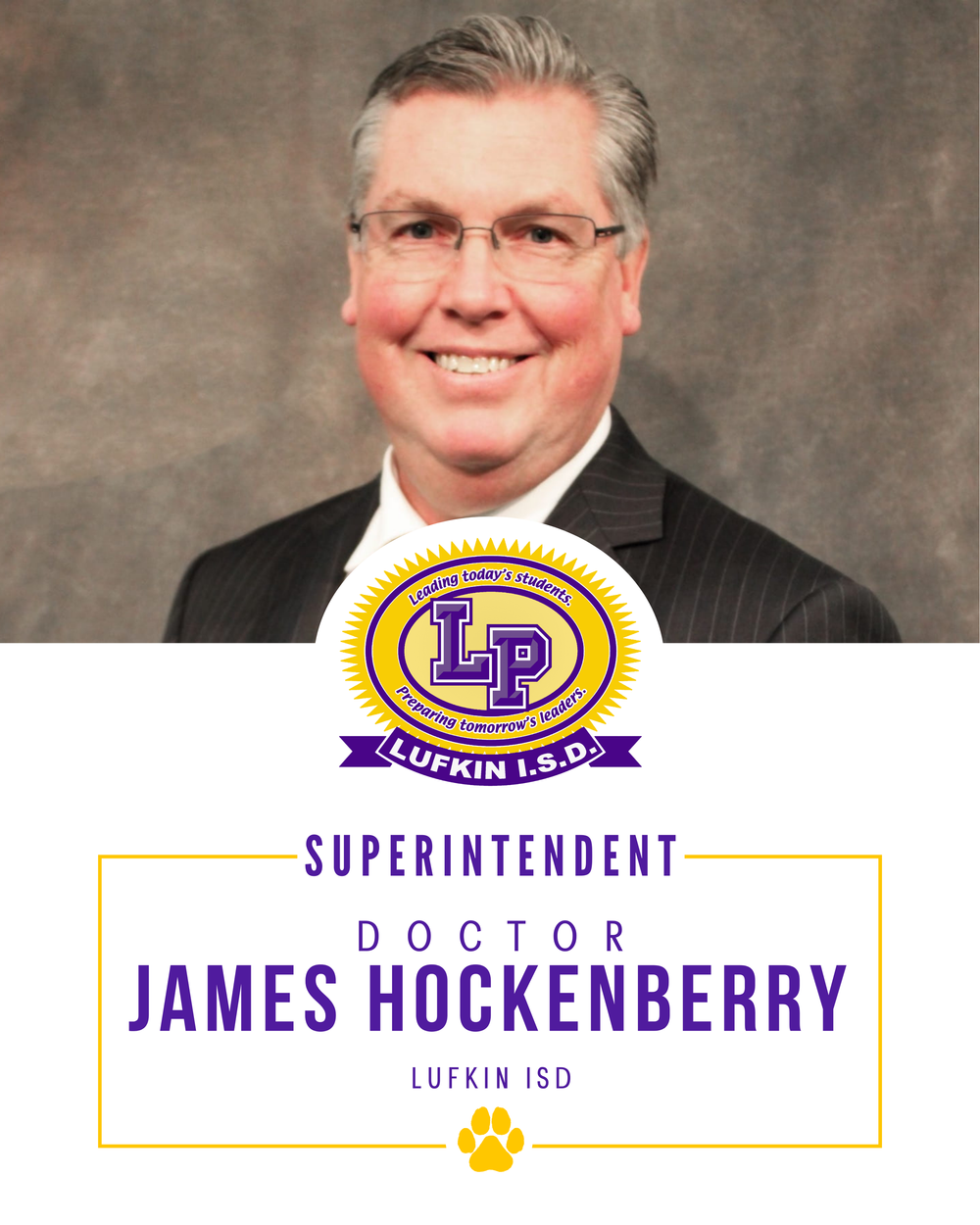 School district administrative header with purple and gold logo design.