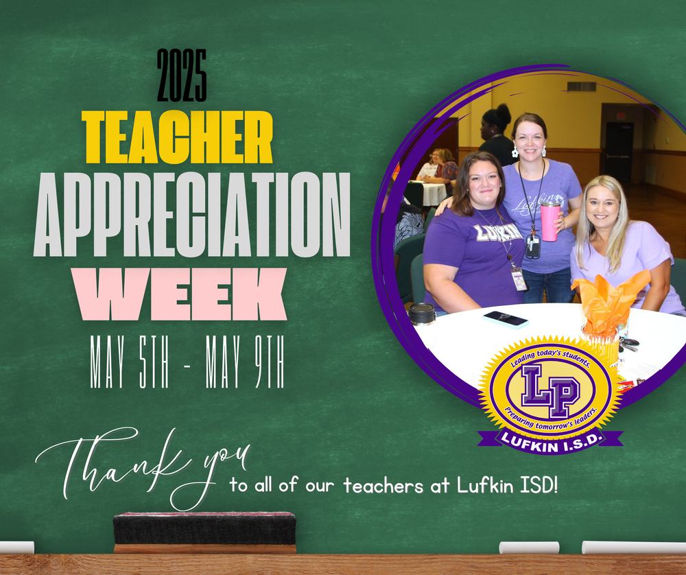 Teacher appreciation week banner with green chalkboard background and school logo.