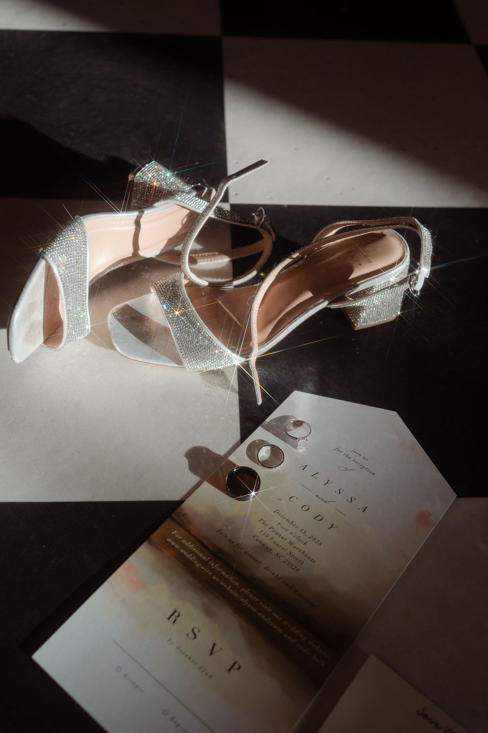 wedding details, heels & invitation flat lay