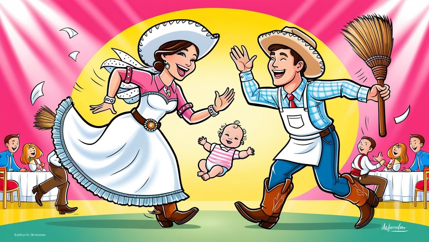 Cartoon scene of a western dance celebration with dancers in traditional dress and baby tossing in the middle.