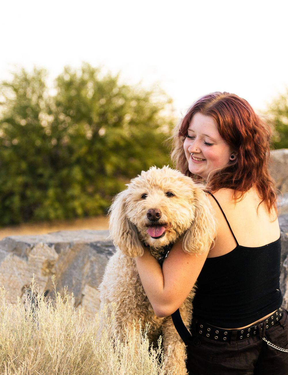 A woman in a black tank top plays with a happy fluffy white dog in a golden field at sunset.