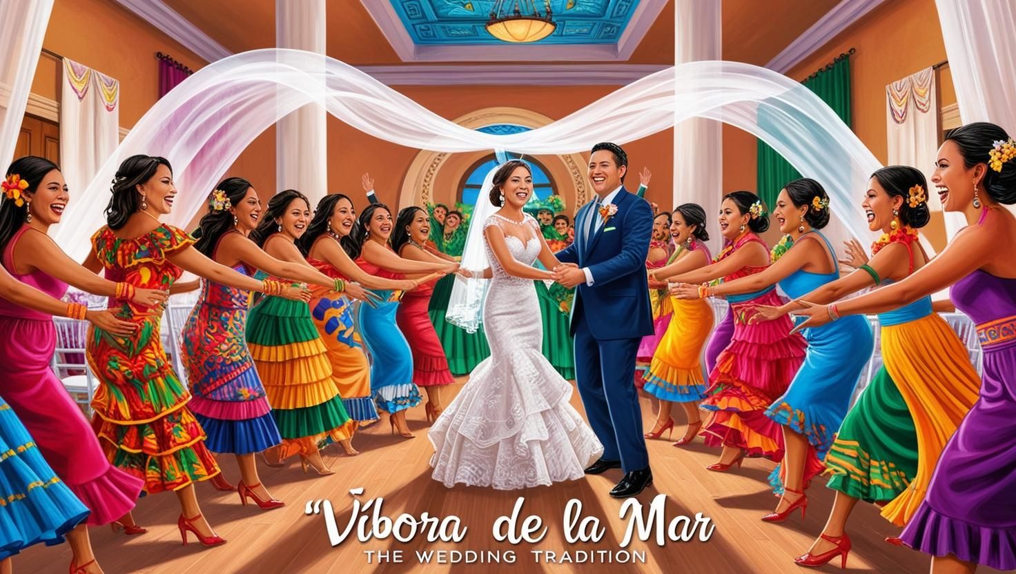 Wedding celebration features colorful bridesmaids in vibrant dresses forming an archway with white fabric for newlyweds.