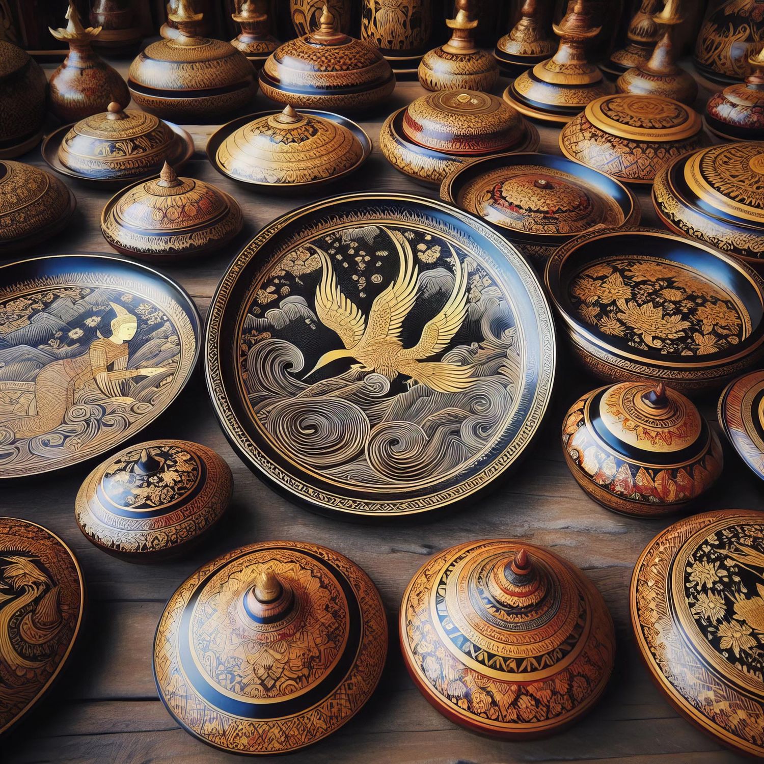 Handcrafted traditional Thai lacquerware bowls and plates with ornate gold bird and floral designs displayed on wooden surface.