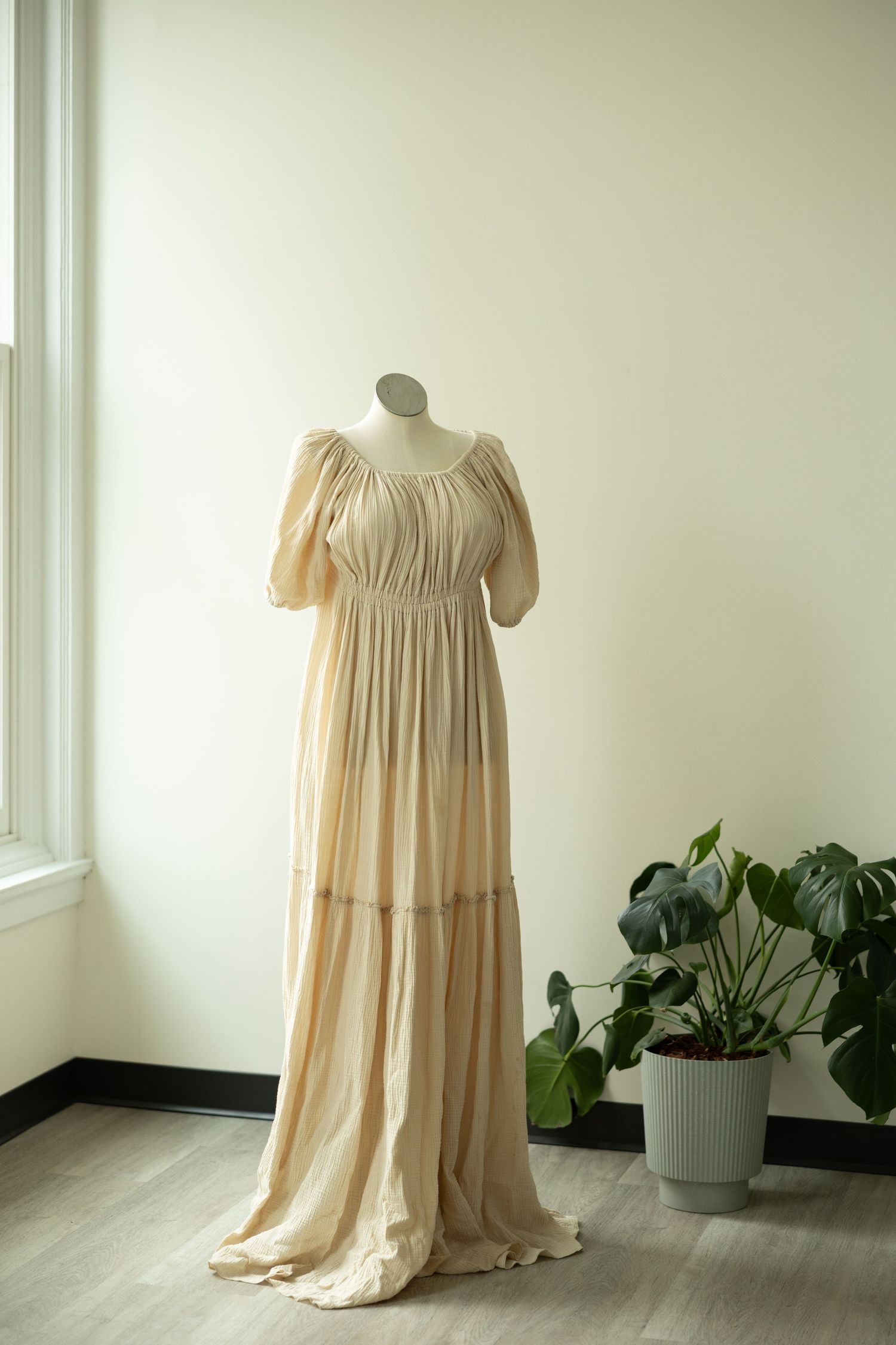 Long cream colored empire waist dress with short puffed sleeves displayed on mannequin next to potted plants.