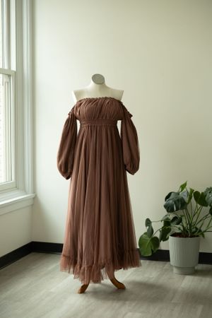 A brown off-shoulder vintage-style dress with puff sleeves displayed on a mannequin near a window and potted plant.