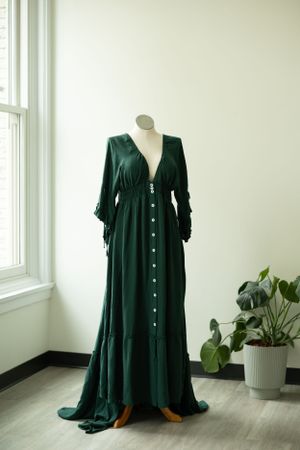 Emerald green maxi dress with button front, long sleeves, and tiered skirt displayed on mannequin next to potted plant.