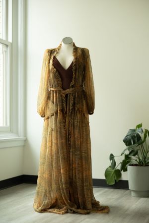 Elegant vintage-style floor-length gold velvet dress with brown bodice and billowing sleeves displayed on mannequin by window.