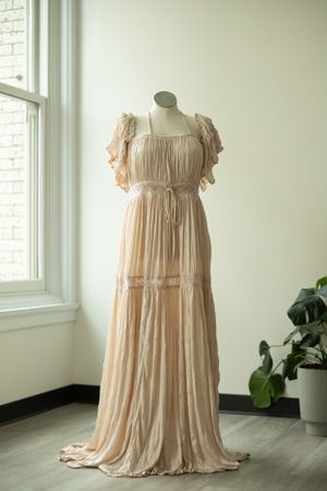 Ethereal blush pink vintage-style maxi dress with ruffled cap sleeves displayed on mannequin near window with potted plant.