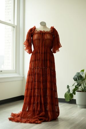 Elegant rust-colored maxi dress with ruffled sleeves and tiered skirt displayed on white mannequin near window and potted plant.