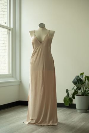Elegant nude-colored floor-length formal gown with spaghetti straps displayed on mannequin near window and potted plant.