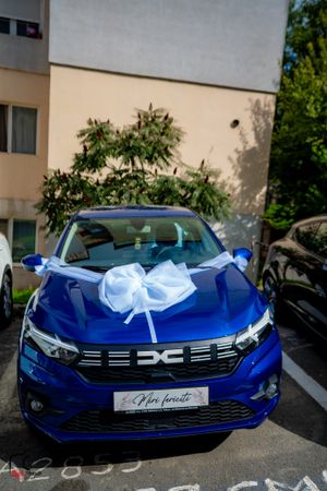 Blue decorated wedding car with white ribbons parked outside a building.