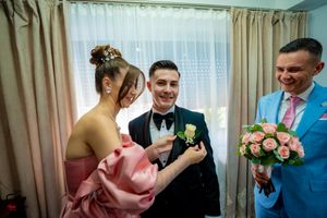 Wedding party poses together in formal attire with pink and blue color scheme in indoor setting.